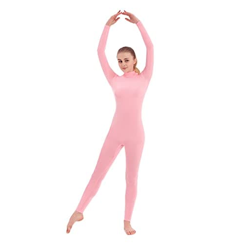 Image of SUPRNOWA Women's Jumpsuit Bodycon Footless Unitard Long Sleeve Bodysuit with Zipper Comfortable Spandex One-Piece Dance Costume (S, Pink Footless)