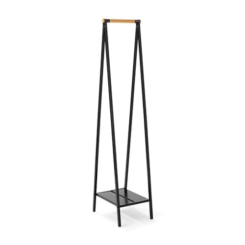 Image of Brabantia - Linn Clothes Rack, Compact - Free Standing Clothing Rail - Clothes Storage - Hang, Air, or Dry Clothes - Sturdy Steel Frame & Bamboo Rod - 47.6 cm x 34 cm x 170 cm - Matt Black