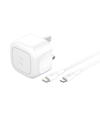 Image of Belkin BoostCharge Compact Wall Charger 30W, Travel-friendly USB-C Power Delivery Fast Charging for Apple iPhone, iPad, AirPods, Tablet & More with USB-C to Lightning Cable - White