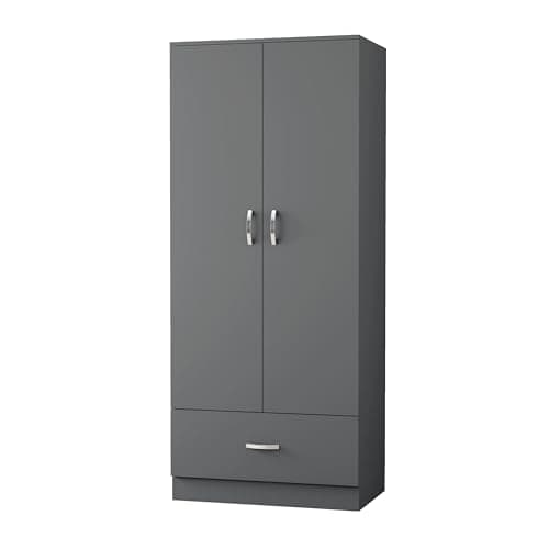 Image of Nera 2 Door Wardrobe with Drawer 76cm Wide Bedroom Furniture with Hanging Rail and Storage Shelf Storage Cabinet (1 Drawer Matt Grey)