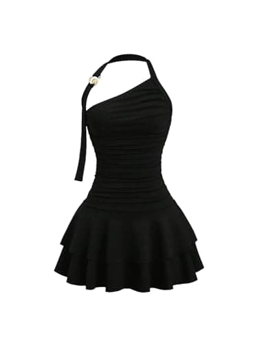 Image of GORGLITTER Women's Tiered Ruffle Mini Halter Neck Dresses Metal Linked Ruched Sleeveless A Line Swing Party Dress Black X-Small
