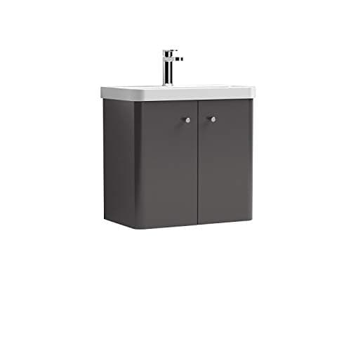 Image of Nuie COR905 Core Modern Bathroom Wall Hung 2 Door Vanity Unit and 1 Tap Hole Ceramic Basin, 589 x 605 x 355mm, Gloss Grey