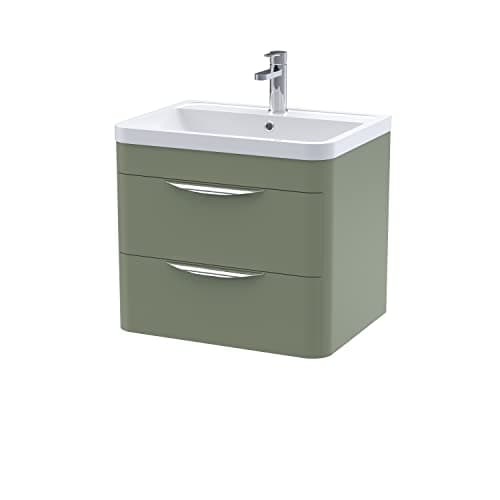 Image of Balterley Vanity Unit with Basin Wall Hung, 2 Drawer Soft Close with Rectangular Sink and Handles, Bathroom Vanity Units with Basin, Bathroom Sink Storage Cabinet - 610 x 450 x 540mm (Green)
