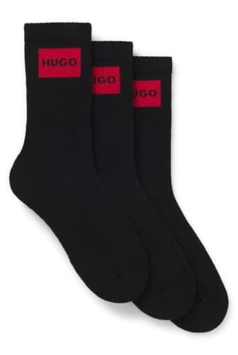 Image of HUGO Mens 3P QS RIB LABEL CC Three-pack of short socks with red logo labels