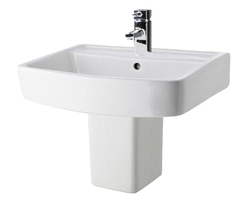 Image of Balterley 520mm Bathroom Sink, Semi Pedestal Ceramic Square Bowl Bathroom Wash Basin Sink with Overflow, 1 Tap Hole, Wall Mounted Basin Sinks for Cloakroom - 520 x 420 x 450mm (White)