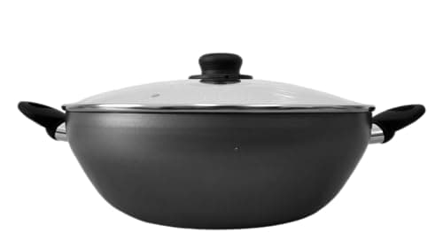 Image of Home Theory Aluminium 32cm/12.5 Inches Wok Non Stick with Lid – Large Non Stick Wok Pan for Asian & Indian Cuisine, Dual Handles, Non Toxic Deep Frying Pan with Lid – UK Made