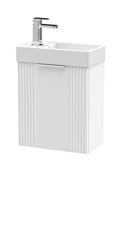 Image of nuie FLT190 Deco Compact Modern Bathroom Wall Hung Part Fluted 1 Door Slimline Vanity Basin Unit with Ceramic Basin, 400mm, Satin White