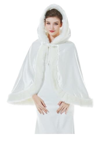 Image of BEAUTELICATE Women's Bridal Hooded Cape Winter Wedding Cloak Faux Fur Poncho Coat Halloween Christmas Cosplay Costume Hip-Length(One Size, Ivory)