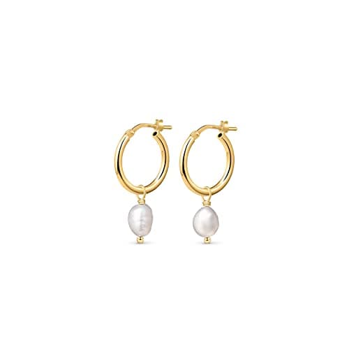 Image of Amberta Women 925 Sterling Silver Freshwater Pearl Earrings: 12 mm Pearl Hoop Earrings - Gold Plated