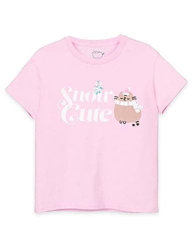 Image of Pusheen Girls T-Shirt in Pink | Snow Cute Christmas Holiday Graphic Tee for Children | Short Sleeve The Cat Seasonal Lightweight Top | Festive Fun Cute Fluffy Merchandise Gift for Her