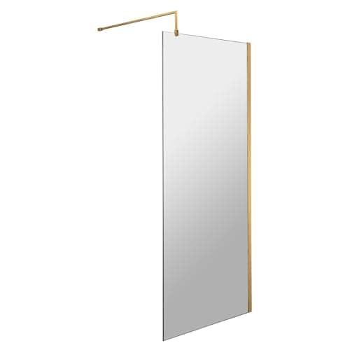 Image of Hudson Reed WRSBB70 Modern Bathroom 'Shower Shield' Coated 8mm Toughened Safety Glass Wetroom Screen with Support Bar, 700mm, Brushed Brass