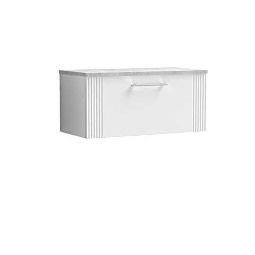 Image of nuie DPF196LBG Deco Modern Bathroom Wall Hung 1 Drawer Part Fluted Vanity Basin Unit with Laminate Bellato Grey Worktop, 800mm, Satin White