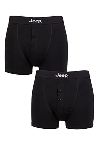 Image of Jeep Men’s Plain Cotton Fitted Button Front Boxer Shorts, Underwear for Him, Stretch Fit Boxer Trunks Pack of 2 - Black/Black Large