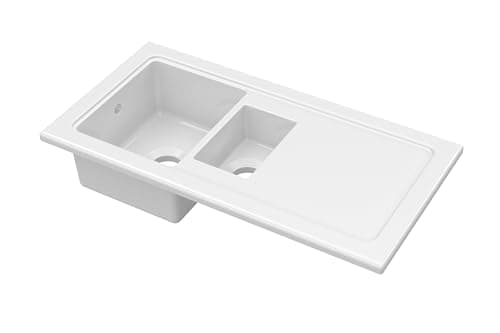 Image of Balterley Ceramic Kitchen Sink with Drainer & Overflow Hole, 101cm Bowl Inset Fireclay White Kitchen Sink, 1.5 Double Bowl Reversible Ceramic Sinks with Plain Drainer - 1010 x 525 x 235mm (White)
