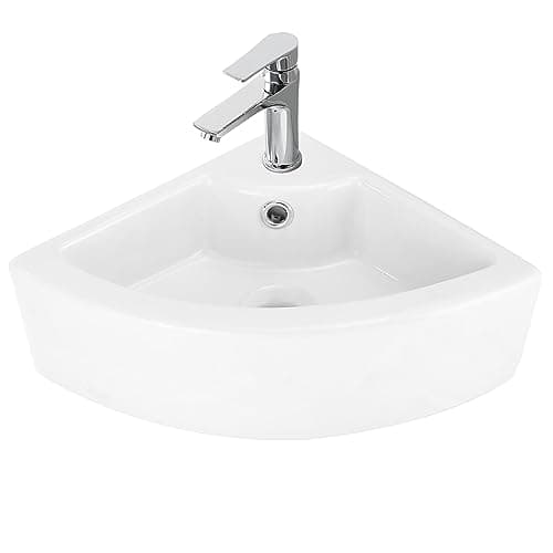Image of Corner Wall Hung Cloakroom Sink Basin, Compact Ceramic Hand Washing Basins, Small Bathroom Sinks Surface Mounted White