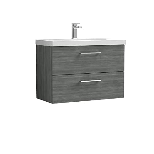 Image of nuie ARN526D Arno Modern Bathroom Wall Hung 2 Drawer Vanity Unit with Thin-Edge Ceramic Basin, 800mm, Woodgrain Anthracite