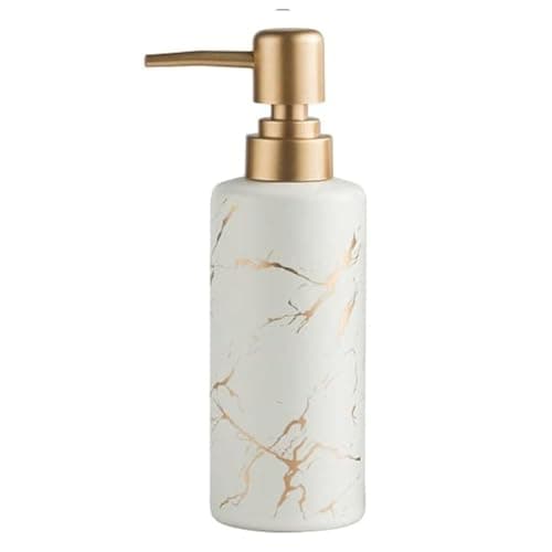 Image of Gold Soap Dispenser for Bathroom or Kitchen, Skinny Ceramic Lotion Bottle with Marble Pattern, Rust-Free Pump(White)