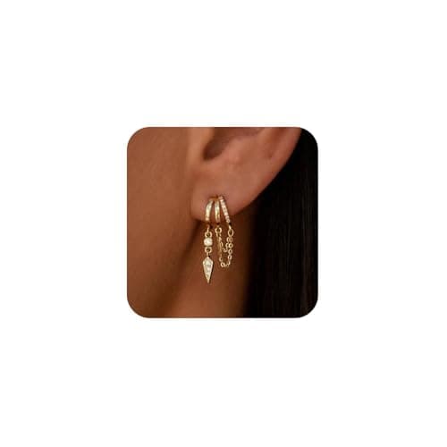 Image of Muorruo Gold Earrings for Women, 14-Carat Gold-Plated, Triple Huggie Earrings, Delicate Dangling Earrings, Small Gold Hoops, Statement Earrings with Long Drop Chain