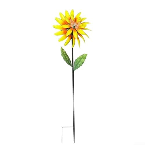 Image of Metal Sunflower Garden Spinner with Solar Technology for Outdoor Use and Ambient Nighttime Illumination (Yellow)