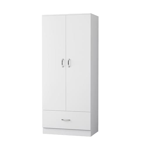 Image of Nera 2 Door Wardrobe with Drawer 76cm Wide Bedroom Furniture with Hanging Rail and Storage Shelf Storage Cabinet (1 Drawer Matt White)