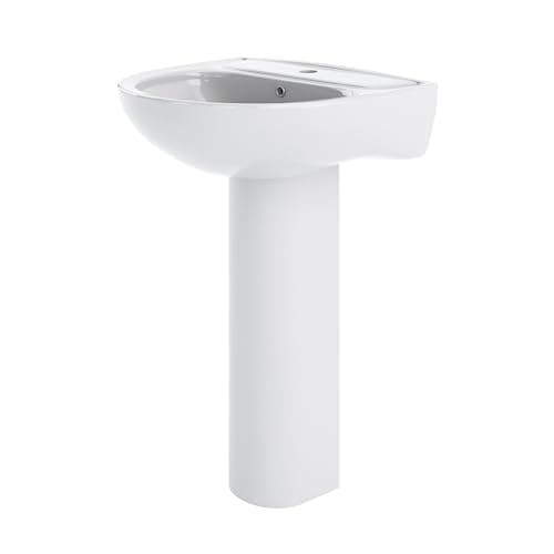 Image of Balterley 550mm Bathroom Sink, Full Pedestal Ceramic Round Bowl Bathroom Wash Basin Sink with Overflow, 1 Tap Hole, Floor Standing Basin Sinks for Cloakroom - 550 x 480 x 840mm (White)