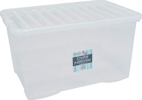 Image of Wham Crystal 3x 60L stackable and nestable clear Plastic Storage Boxes with Lids. Clear, Deep, Strong, Made in the UK dimensions of 60 cm X 40 cm X 33 cm