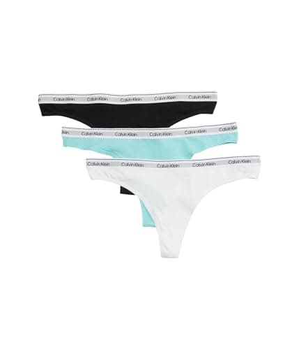 Image of Calvin Klein Women's Modern Logo Thong Pack of 3, Black/Beau Blue/White, XL