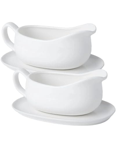 Image of KTLECL Set of 2 Ceramic Gravy Boats with Saucer Trays,17 oz White Sauce Boat Servers - Lead-Free & Spill-Resistant Gravy Pitcher for Thanksgiving, Broth & Dressing