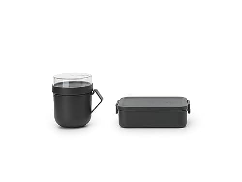 Image of Brabantia - Make & Take Lunch Set - Set of 2: Soup Mug 0.6L + Lunch Box Medium (1.1L) - BPA-Free - Leakproof Mug - Suitable for Freezer - Dishwasher & Microwave Safe - Dark Grey