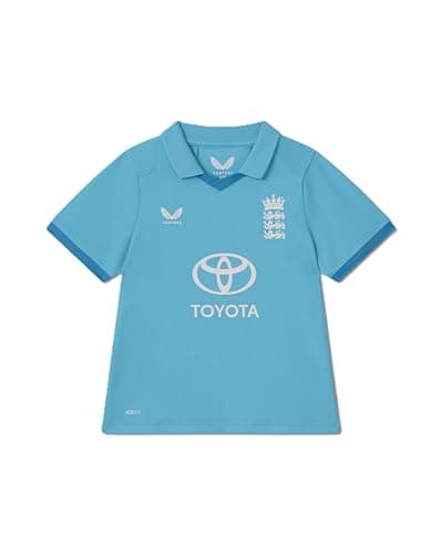 Image of England Cricket Unisex Kids ODI Replica Short Sleeve Shirt, Light Blue Airy Blue, 6-7Y