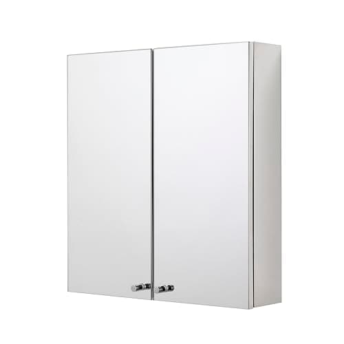 Image of Croydex Carra Bathroom Wall Cabinet - Stainless Steel Bathroom Mirror Cabinet with One Fixed Shelf, Double Mirrored Doors and Fully Assembled (50x45cm)