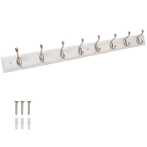 Image of Keypak White Wooden Wall Mounted Coat Rack with 8 Satin Nickel Hooks - 84cm Heavy Duty Wooden Board for Coats, Hats, Bags, Tools - Space Saving Wall Storage Organiser, Fixings Included