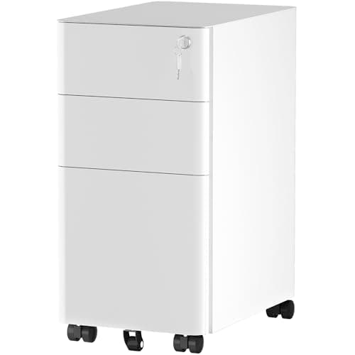 Image of YITAHOME 3-Drawers Filing Cabinet Lockable, Home Office Mobile File Cabinets with Wheel, Under Desk File Office Cabinet for Letter/Legal/A4, Fully Assembled, White, 30 x 45 x 61cm