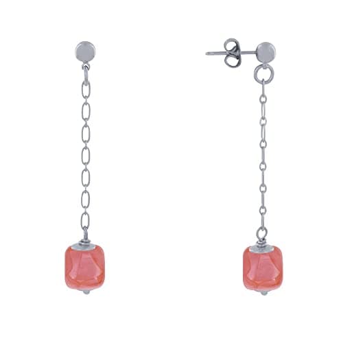 Image of LES POULETTES BIJOUX - Silver Brass Earrings Chain and Ceramic Cube - Light Red