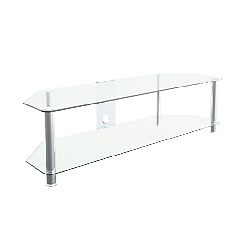 Image of MAHARA Glass Corner TV Stand – Universal Clear Glass Unit 140cm wide - Glass Shelf & Cable Management – Floor Stand Suitable for up to 65” & 60Kg Max