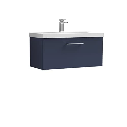 Image of nuie ARN2925A Arno Modern Bathroom Wall Hung 1 Soft Close Drawer Vanity Unit and Mid-Edge Basin, 800mm, Midnight Blue