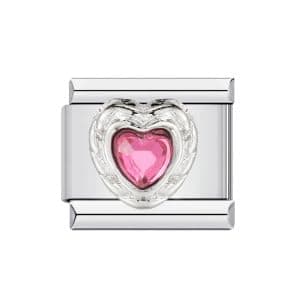 Image of Mon & Sons Love Heart Pink Ruby Month Birth Year Birthday Stone Anniversary Birthstone Crystal Silver Italian 9mm Link Stainless Steel Bracelet Charm Compatible With 9mm Link