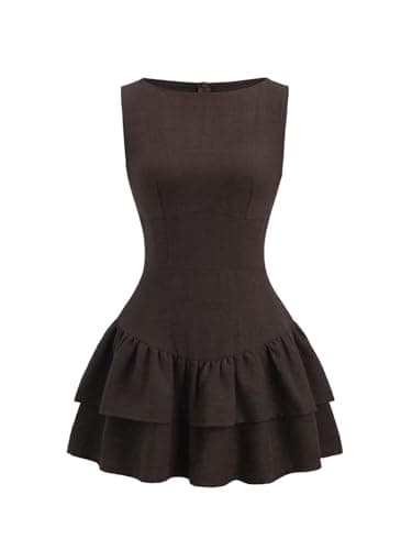 Image of GORGLITTER Women's A Line Tiered Ruffle Mini Dresses Crewneck Sleeveless Flared Vintage Birthday Party Going Out Dress Coffee Brown Medium