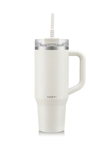 Image of Bodum Travel Mug Tumbler 1.2 L Winter White - Metal Water Bottle with Straw, Handle and Lid - Dishwasher Safe - for Cold Drinks and Warm Coffee