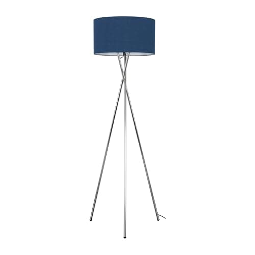 Image of MiniSun | Modern Polished Chrome Metal Tripod Floor Lamp with a Navy Blue Cylinder Shade | Floor Lamps & Home Improvements Essential