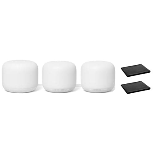 Image of Google Nest WiFi Mesh Router (AC2200) with 2 Points, Google Assistant Built-in, 3-Pack, Snow – Whole Home Coverage up to 5400 Sq Ft, Multiple 4K Streams, Handles 200 Devices, W/ 2X Microfiber Cloths