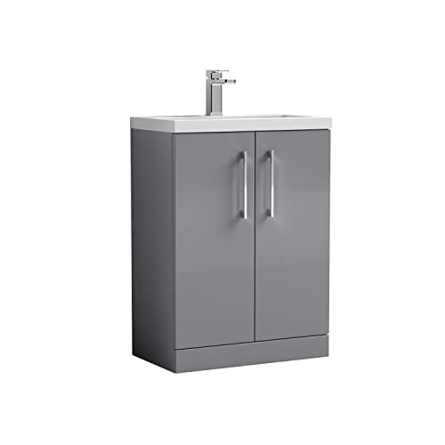 Image of nuie PAL031E Arno Floor Standing 2 Door Vanity Unit & Ceramic Basin, 600mm, Satin Grey