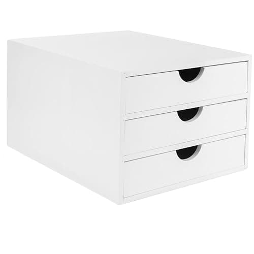 Image of Woodluv 3 Drawer Bamboo Home Office Desktop Tidy A4 Sturdy Stationary Storage Organiser Unit, White - W25 X D33 X H18.5cm