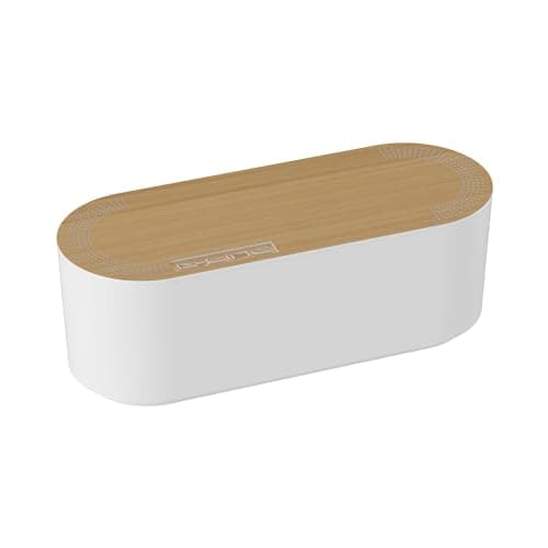 Image of D-Line Cable Tidy Box, Hide Extension Blocks, Desk Cable Management, Organise TV Cables - 325mm (L) x 125mm (W) 115mm (H) - Small, White with Wood-Effect Lid