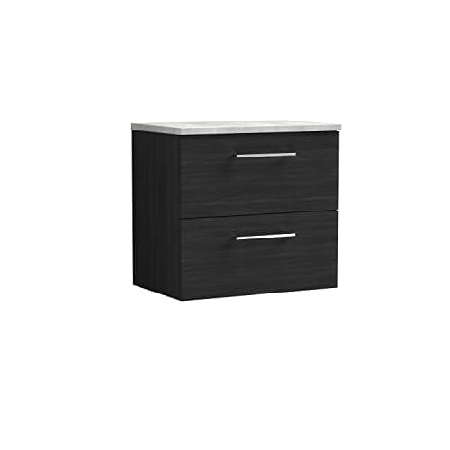 Image of nuie ARN624LBG Arno Modern Bathroom Wall Hung 2 Drawer Vanity Unit with Laminate Worktop, 600mm, Woodgrain Charcoal Black/Bellato Grey