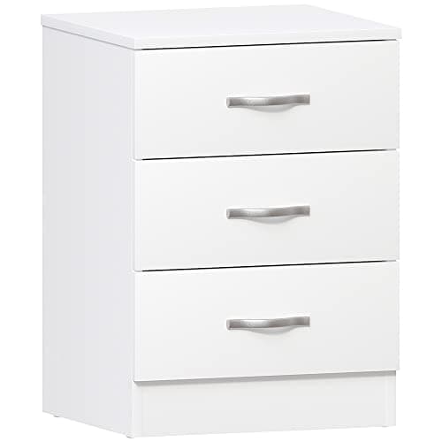 Image of Vida Designs Large White Bedside Cabinet Chest of Drawers, 3 Drawer With Metal Handles & Runners, Unique Anti-Bowing Drawer Support, Riano Bedroom Furniture
