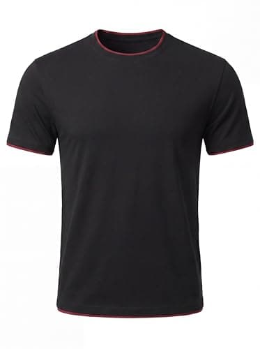 Image of Hisir Men's Casual T-Shirt Short Sleeve Crewneck with Contrast Trim Cotton Blend Stretch Tee Regular Fit for Summer & Daily Wear (Black Red, L)