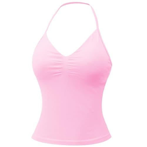 Image of MAYROUND Longline Sports Bras for Women Padded Halter Neck Strappy Top Backless Seamless Gym Bra Workout Yoga Crop Tank Tops Pink