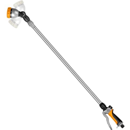 Image of RESTMO 91–152 cm Metal Watering Wand, Long Telescopic Tube | 180° Adjustable Ratcheting Head | 7 Spray Patterns | Flow Control, Garden Hose Sprayer to Water Hanging Baskets, Shrubs, Yellow