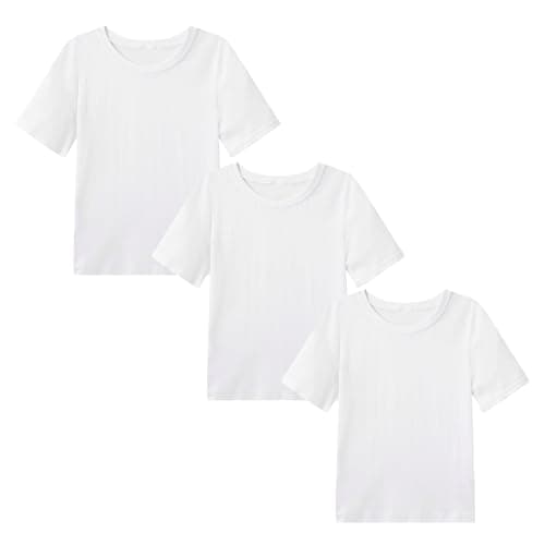 Image of Smazero Kids Plain T-Shirt Cotton Crew Neck Girls Boys T Shirts Summer Short School PE Tee Tops for Children 5-13 Years 3 Packs White